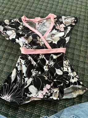 Tempted Black Floral Wrap Top with Pink Trim
